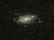 M63 imaged in UV light by the GALEX satellite. The UV light is produced primarily by young, massive stars, so the UV-bright areas are regions where stars are currently forming.[17] Credit NASA / WikiSky