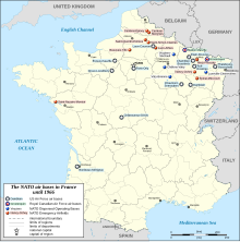 A map of France with red and blue markings indicating air-force bases in 1966.