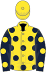 Yellow, dark blue spots, dark blue sleeves, yellow spots, yellow cap