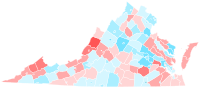 Trend (shift relative to state) in each Virginia county and city from the 2017-2021 gubernatorial elections