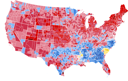 Results by county, shaded according to winning candidate's percentage of the vote