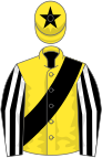 Yellow, black sash, black and white striped sleeves, yellow cap, black star