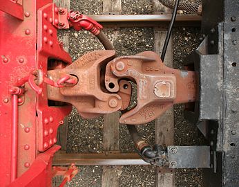 Mated Janney Type E couplers, as seen from above. Left is top-operated on locomotives. Right is bottom-operated on cars