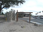 The entrance of Fort Lowell Park which is located at 2900 N Craycroft Rd.. Fort Lowell was a United States Army post which was active from 1873 to 1891 on the outskirts of Tucson, Arizona. It is the historical setting of the 1957-1958 syndicated Western television series, Boots and Saddles, starring John M. Pickard, Patrick McVey, and Gardner McKay. The park is now owned by the city of Tucson and was listed in the National Register of Historic Places in 1978, ref.: #78003358.