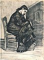 Woman Seated, pencil, pen and brush in black ink, brown/sepia wash, white opaque watercolour, traces of squaring, on laid paper (two sheets), April 1882, Kröller-Müller Museum, Otterlo, The Netherlands (F935, JH143) [48][52][53]