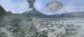 Image 47Artist's impression of Earth during the later Archean, the largely cooled planetary crust and water-rich barren surface, marked by volcanoes and continents, features already round microbialites. The Moon, still orbiting Earth much closer than today and still dominating Earth's sky, produced strong tides. (from History of Earth)