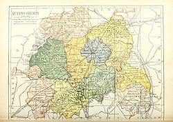 Barony map of Queen's County, 1900; Maryborough West is orange, in the centre.