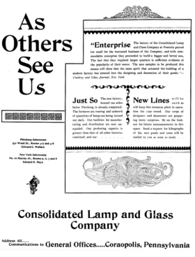 advertisement for Consolidated Lamp and Glass Company that discusses the move of the Fostoria plant