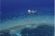 Aerial view of a ship aground on a coral reef