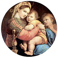 拉斐尔的《坐在椅子上的圣母（英语：Madonna della seggiola）》，直径71cm，约作于1513－1514年，1589年即存在于乌菲兹美术馆[9]