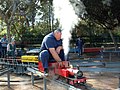 A small 5-inch (13 cm) gauge live steam locomotive at the Wagga Wagga Society of Model Engineers' miniature railway, Willans Hill, Wagga Wagga, New South Wales, Australia