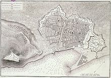 Map of Barcelona (c. 1806) showing the city in the centre, flanked by the Citadel to the right and Montjuïc Castle to the left.