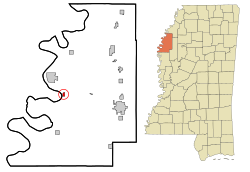 比尤拉在玻利瓦县及密西西比州的位置（以红色标示）