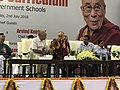 Dalai Lama, Manish Sisodia and Arvind Kejriwal at the launch of the Happiness Curriculum, 2018