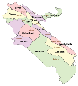 Location of Badreh County in Ilam province (center right, purple)