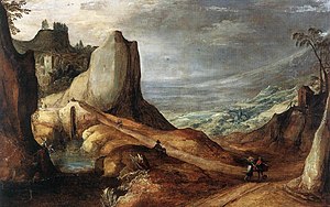 A cliff stands to the left, from whence a path descends into the valley unerneath. The path crosses a bridge, overhanging a river flowing into the valley. Gabriel, Tobias and his dog are standing close to each other in the foreground, by a curve in the path leading into the dale.
