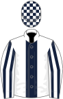 White, dark blue stripe, striped sleeves, check cap