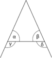 The pons asinorum or bridge of asses theorem states that in an isosceles triangle, α = β and γ = δ.