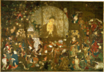 The Buddha surrounded by a halo and a large number of priests and other figures.
