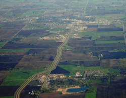 Steinbach (upper) and Blumenort (lower) as seen from the air.