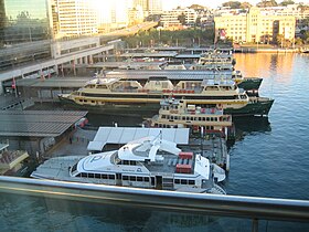 Sydney Harbour ferries at Circular Quay, including Sydney JetCats, Freshwater-class ferries and First Fleet-class ferries, 2005