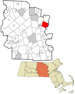 博尔顿在伍斯特县及马萨诸塞州的位置（以红色标示）