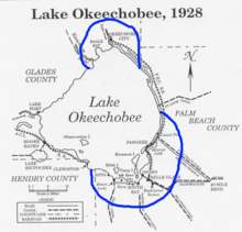 A map encircling the approximate area of flooding around Lake Okeechobee during the storm
