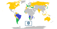 葡萄牙语国家共同体分布图，蓝色为会员国，绿色为观察员国，黄色为有兴趣的国家和地区