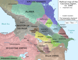 Map of the Caucasus region with the various principalities in different colours