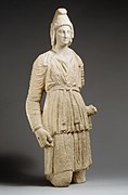 Bendis, Thracian goddess of the moon and the hunt, wearing a Phrygian cap. Limestone Statue, c.  350 BC.