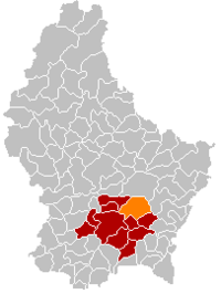 下安文在卢森堡地图上的位置，下安文为橙色，卢森堡县为深红色