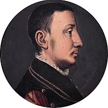 Painting of René of Chalon, shown half-length, in profile, facing right. He wears black and red formal wear.