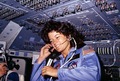 File:Sally Ride, America's first woman astronaut communitcates with ground controllers from the flight deck - NARA - 541940.tif
