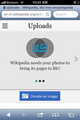 Step 2: new user with no Commons uploads taps on Uploads and a brief three-step uploading tutorial is displayed. Replace "Wikipedia" with whatever project the user is on – Wikimedia Commons, Wikivoyage, etc.