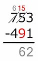 15 − 9 = ... Now the subtraction works, and we write the difference under the line.
