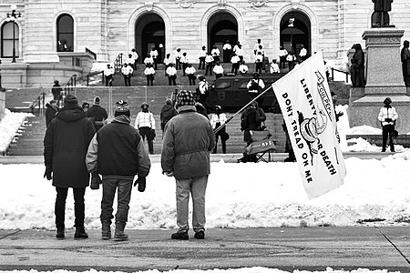 A protester holding a Culpeper Minutemen flag at the Minnesota State Capitol