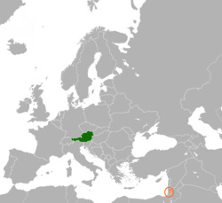 Map indicating locations of Austria and Palestine