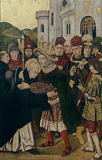 Ferdinand I of Castile welcoming Saint Dominic of Silos by Bartolomé Bermejo and Martín Bernat, from the dismembered Altarpiece of Dominic of Silos