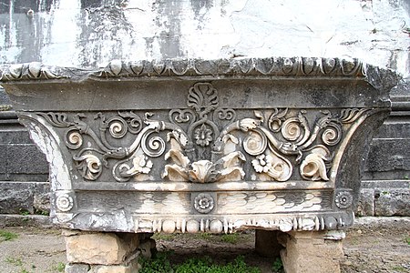 Ancient Greek foliage volutes (aka rinceaux) on a capital from the ruins of the Temple of Apollo at Didyma, Turkey, unknown architect or sculptor, c.300-150 BC[7]