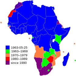 非洲统一组织成员国扩展一览图 非洲统一组织的位置（dark blue） 非洲（dark gray）