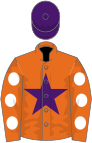 Orange, purple star, white spots on sleeves, purple cap