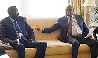 Hon. Stephen Dhieu meeting with Afreximbank President Dr. Benedict Oramah after finalizing South Sudan's membership into the bank in 2017.