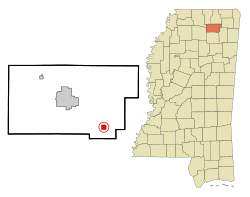布卢斯普林斯在尤宁县及密西西比州的位置（以红色标示）