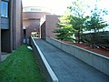 The back door to the Schaefer Athletic and Recreation Center, as seen from the Samuel C. Williams Library loading dock. Both are found are located on the campus of Stevens Institute of Technology.