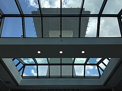 Dulles Airport tower through a skylight in 2019