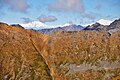 View from Skyscraper Mountain. On the horizon are Mount Foraker and Denali. The reddish ridge with switchbacks is part of Bullion Mountain.