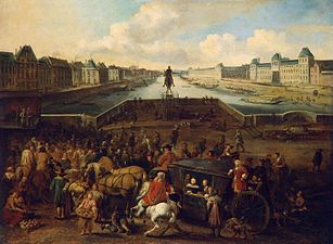 The Pont Neuf was the most popular venue for street singers and musicians (painting by Hendrick Mommers, 1694)