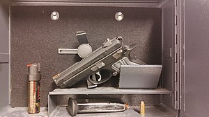 CZ 75 D, magazine, chamber round and a pepper spray within a visitor's gun safe at a courthouse in Prague, Czech Republic.