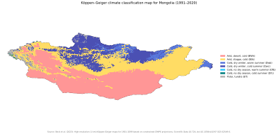 Köppen–Geiger climate classification map at 1-km resolution for Mongolia 1991–2020
