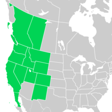 Distribution map of Symphyotrichum spathulatum: Canada — Alberta and British Columbia; Mexico — Baja California; US — California, Colorado, Idaho, Montana, Nevada, New Mexico, Oregon, Utah, Washington, and Wyoming.